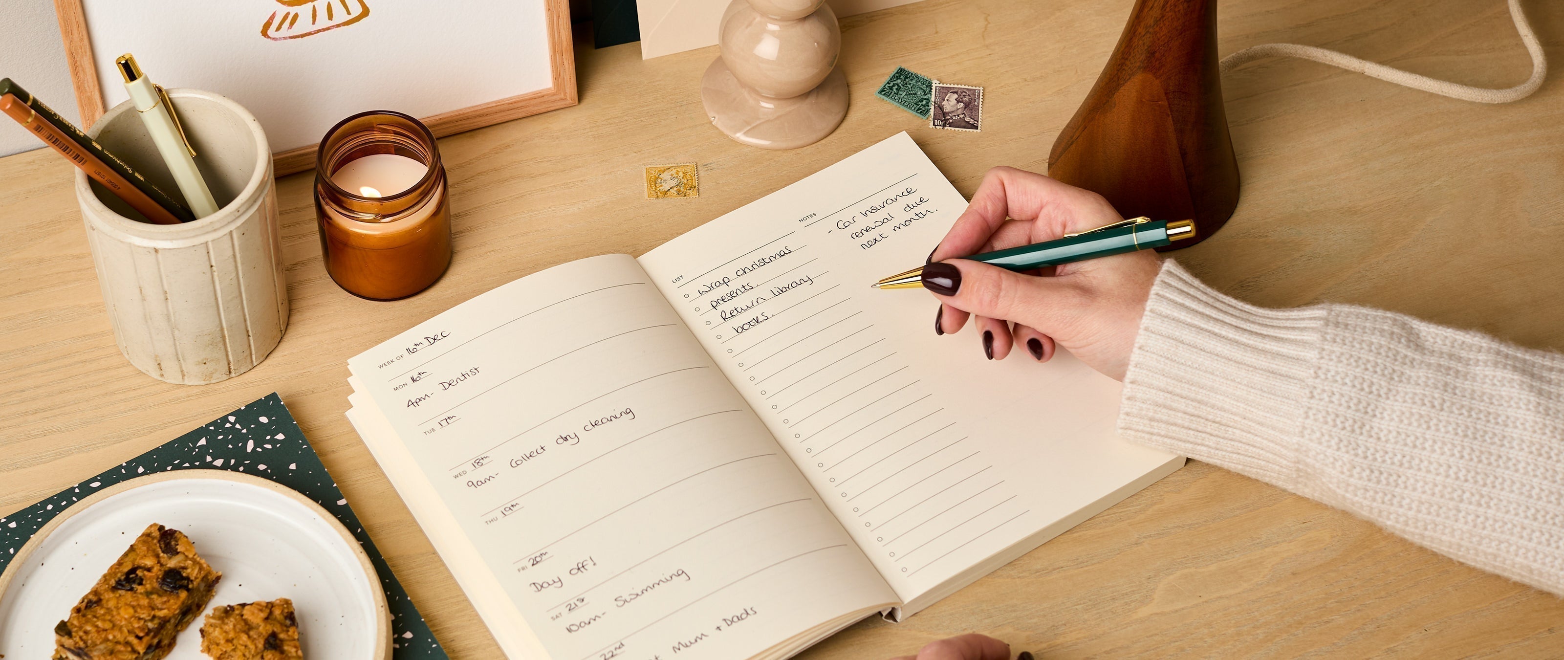 Using an undated weekly planner to plan the week, with handwritten notes