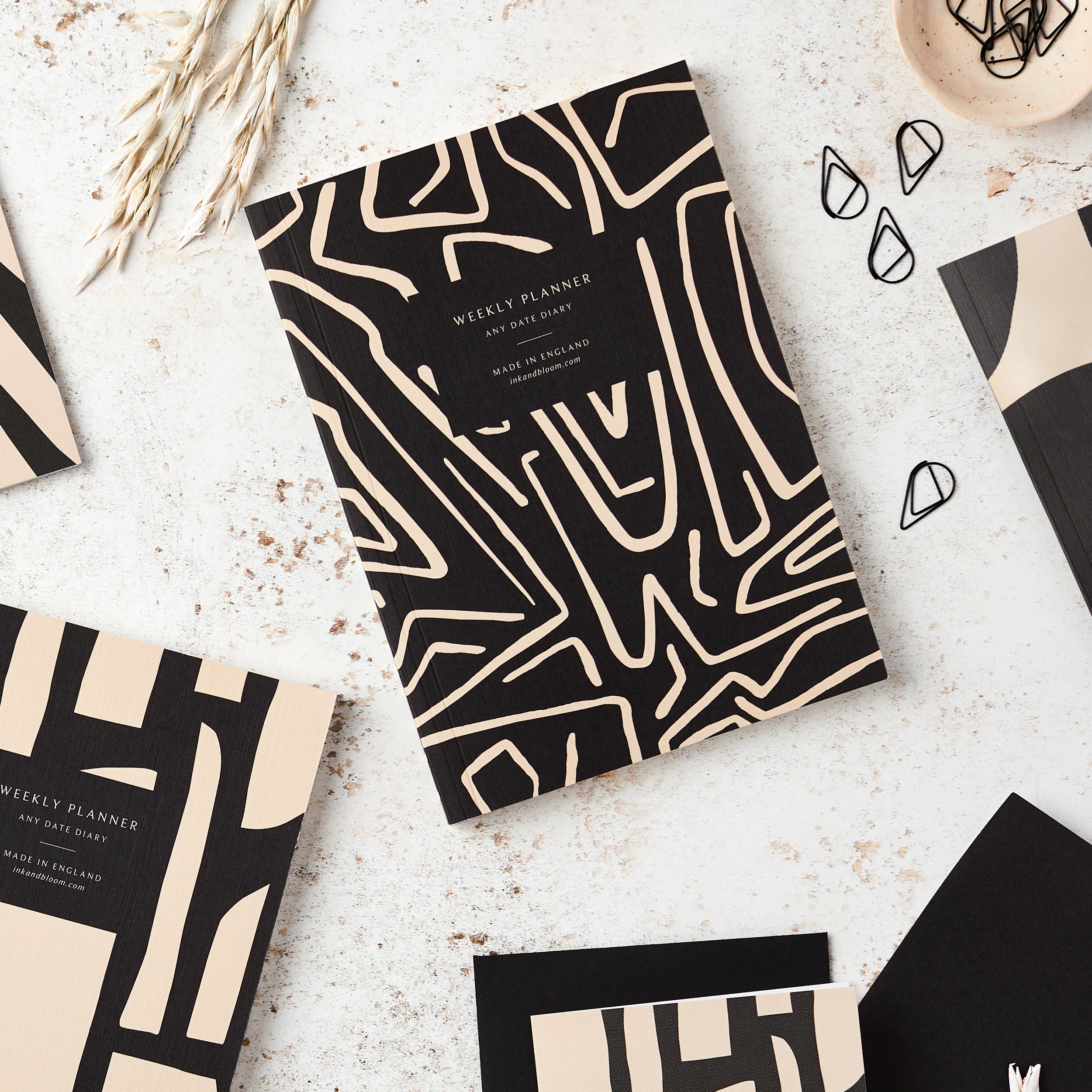 Abstract Black & Cream Lines | A5 Undated Weekly Planner