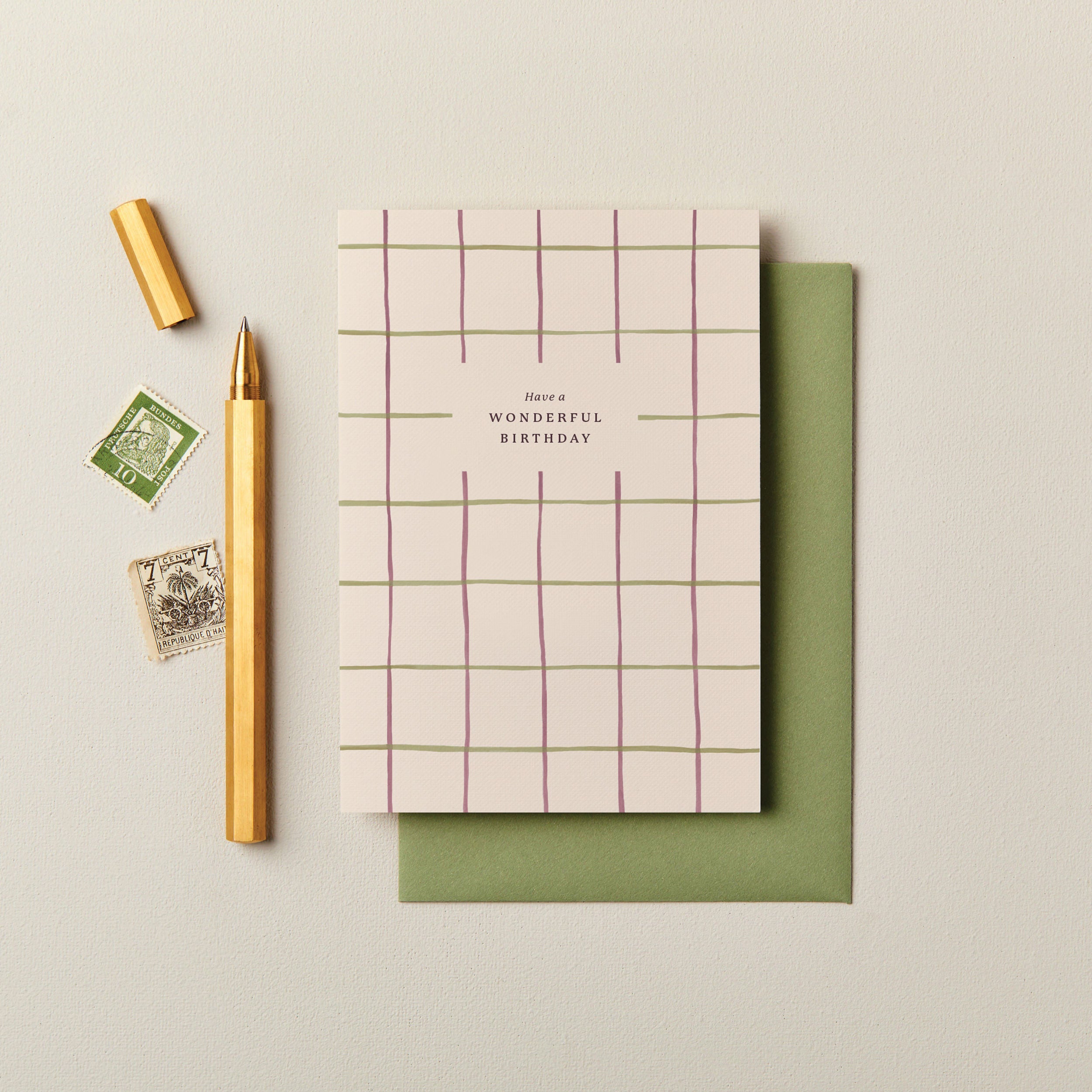 Have a Wonderful Birthday Checked Card Purple and Green