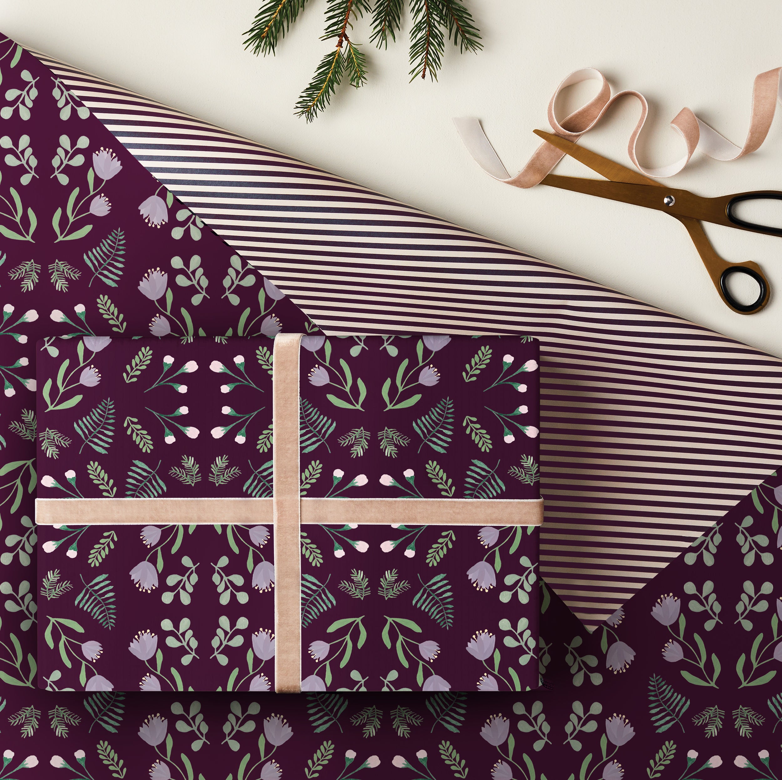 Winter Blooms Double Sided Christmas Gift Wrap in Purple