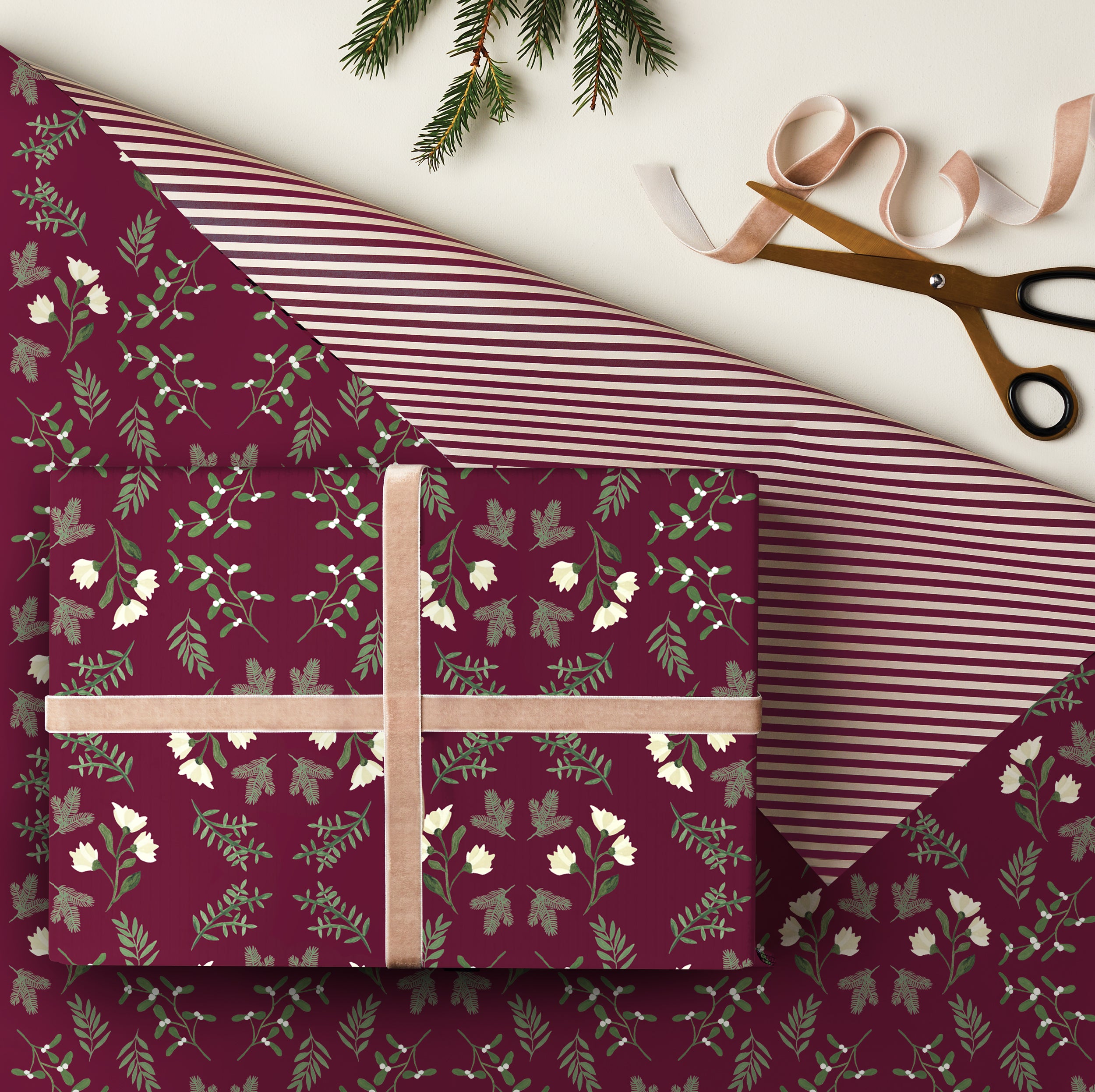 Winter Blooms Double Sided Christmas Gift Wrap in Mulberry