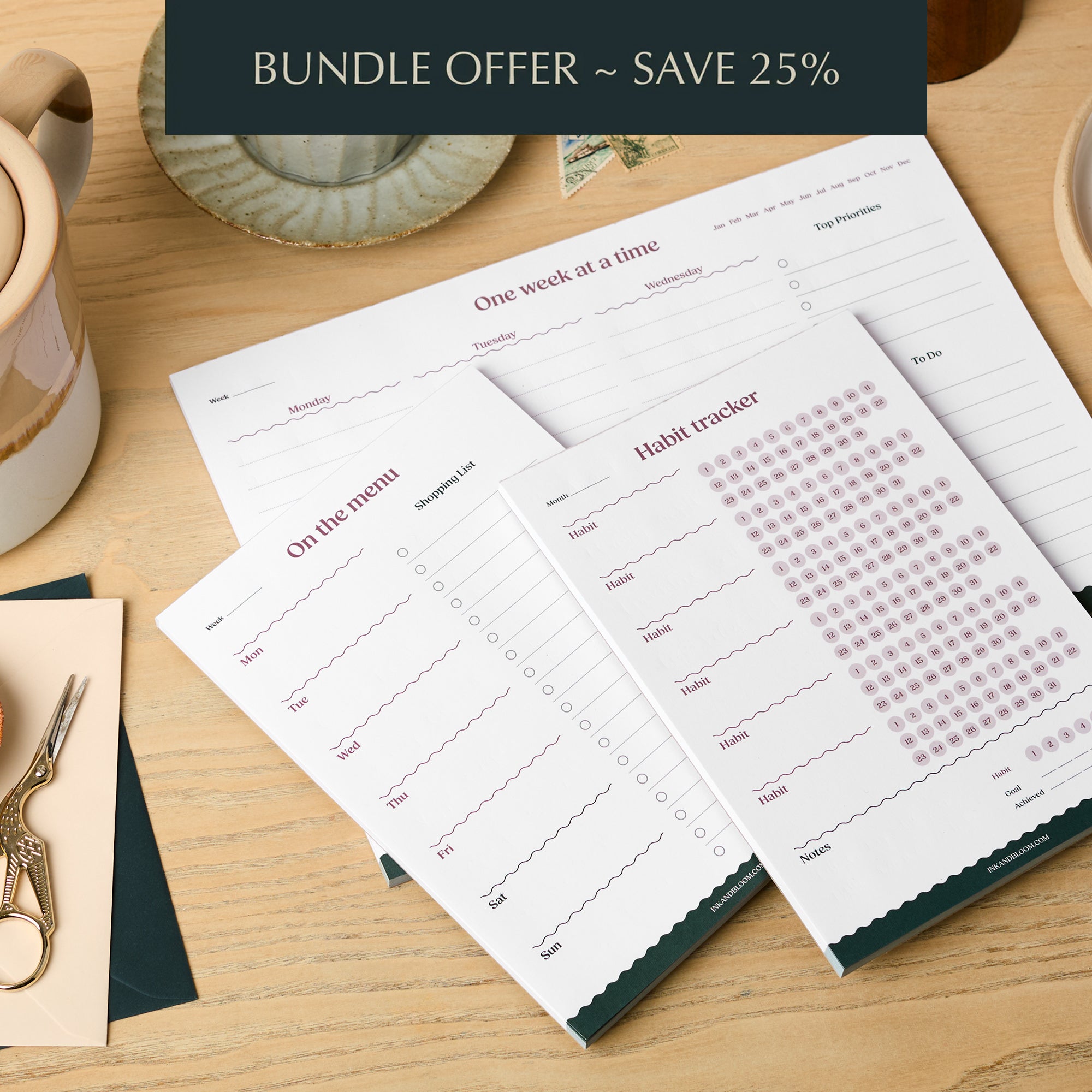 Bundle - Weekly Desk Planner Pad, Meal Planner & Habit Tracker in Purple & Green