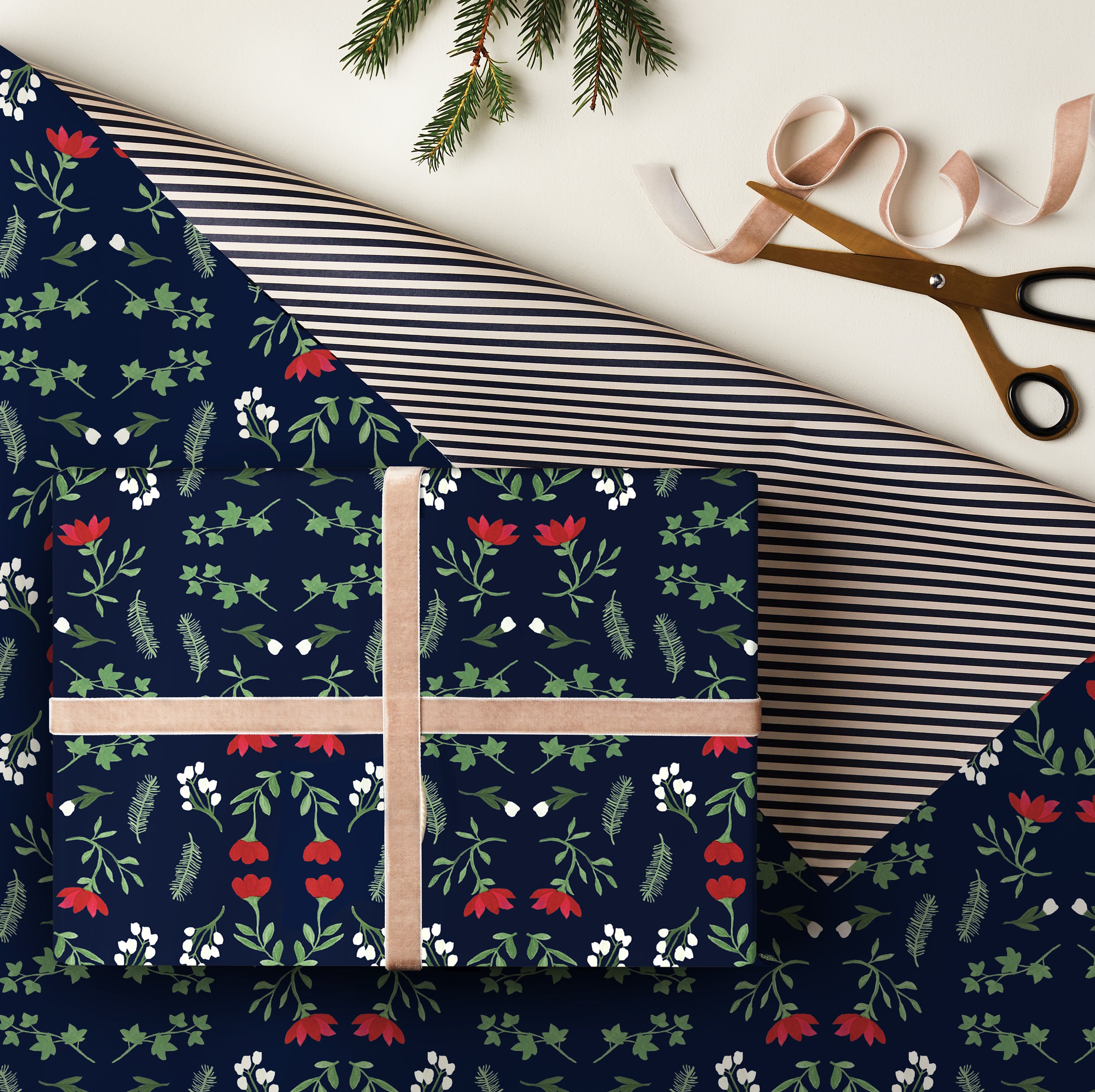 Winter Blooms Double Sided Christmas Gift Wrap in Blue
