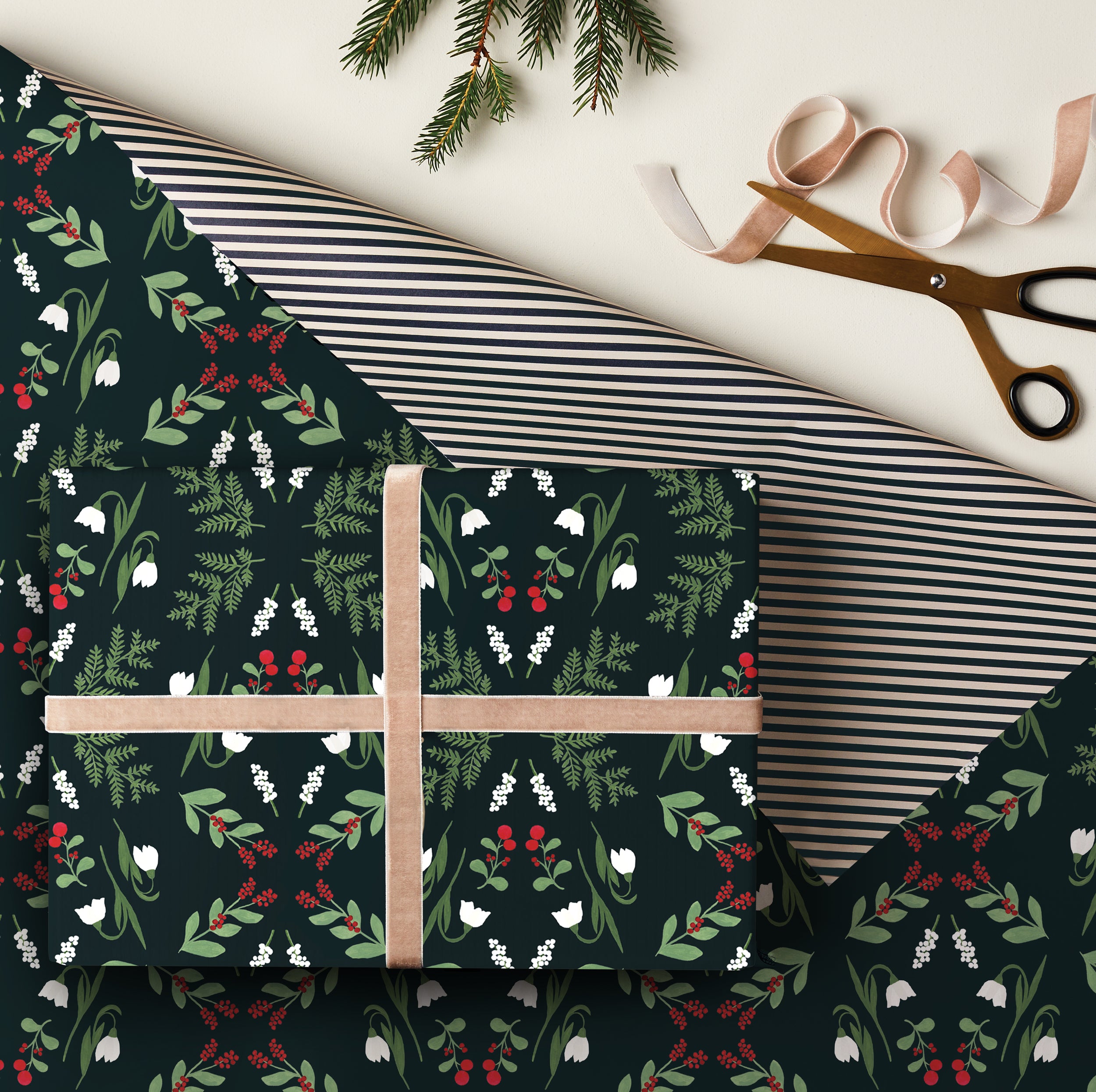Winter Blooms Double Sided Christmas Gift Wrap in Green